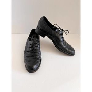 COLE HAAN Women's Black Vtg Croc Embossed Leather Pointed Toe Oxford sz 7.5AA